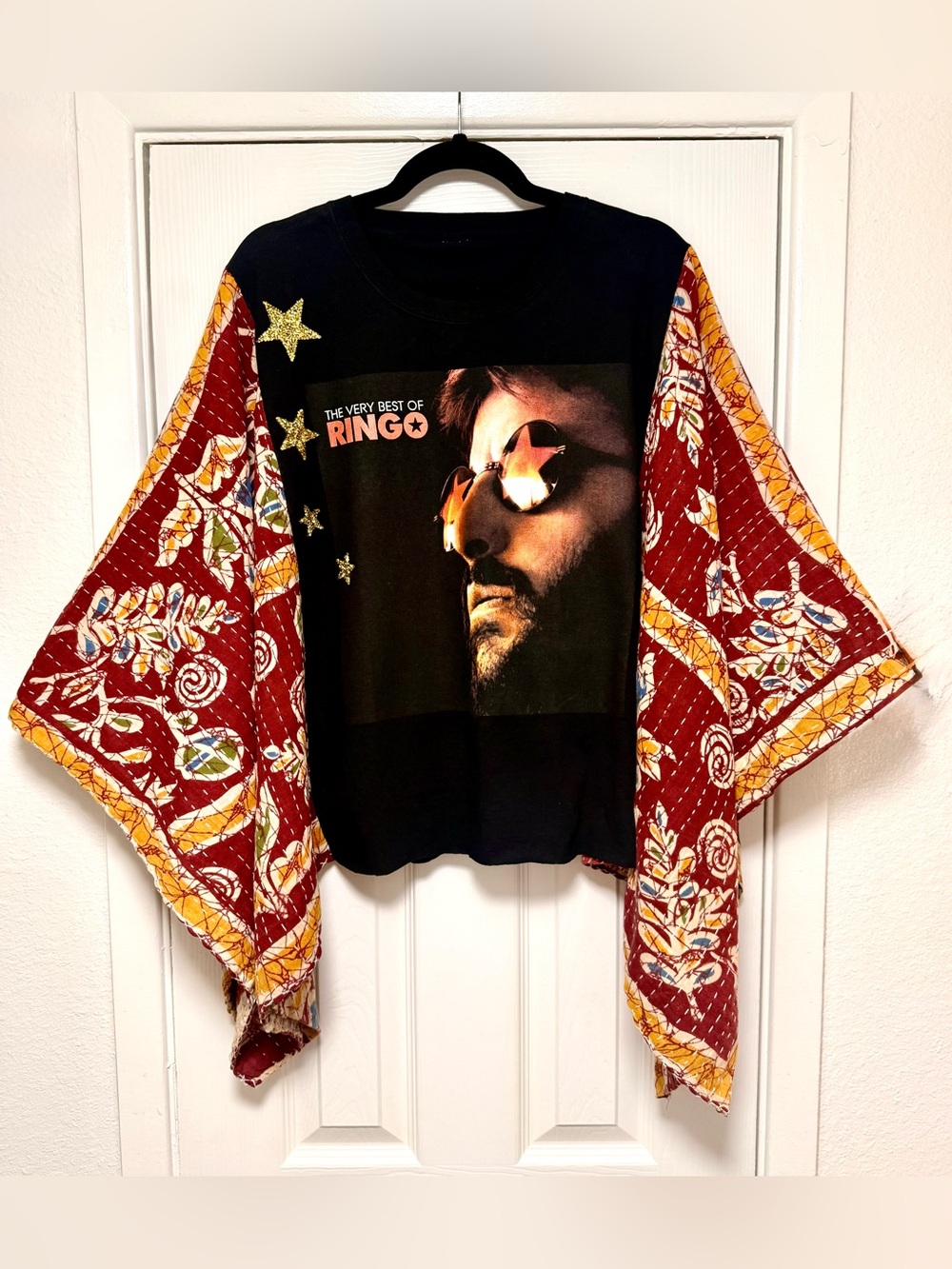 Ringō Starr Black Graphic Top with Red Floral Kimono Sleeves